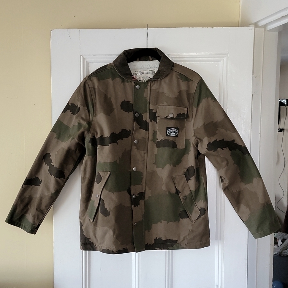 Poler sherpa lined duck canvas camo jacket.